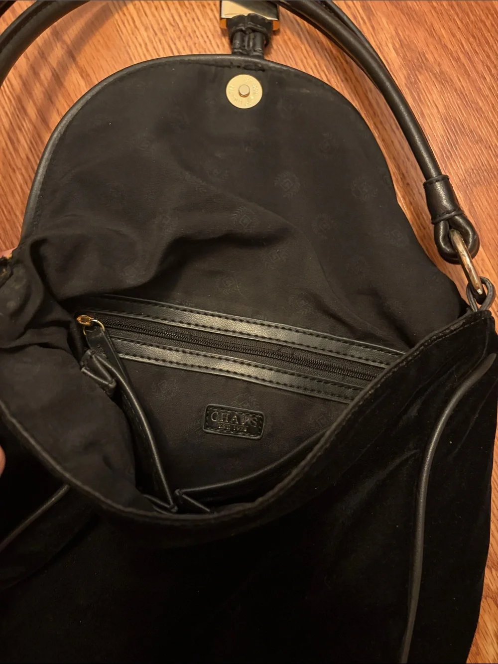 Chaps Vintage Black velvet Shoulder Bag with Gold Plaque Accent